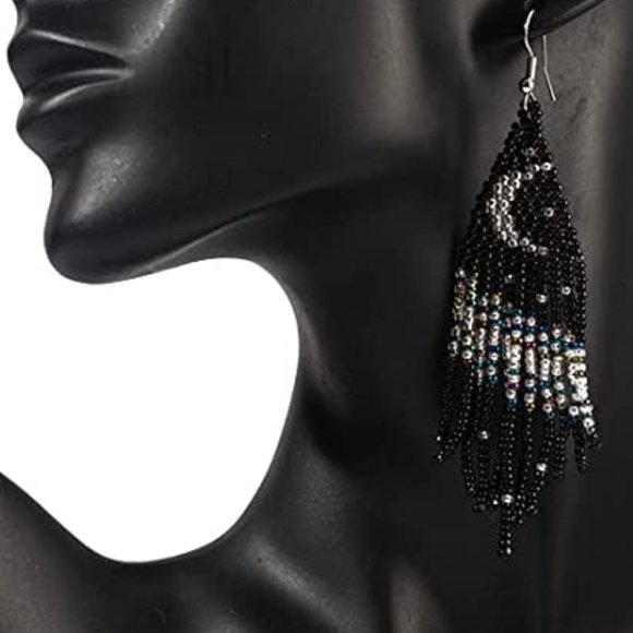 Black Crescent Moon Night Long 4" Earrings Handmade Beaded Oversized Bohemian - Picture 1 of 4